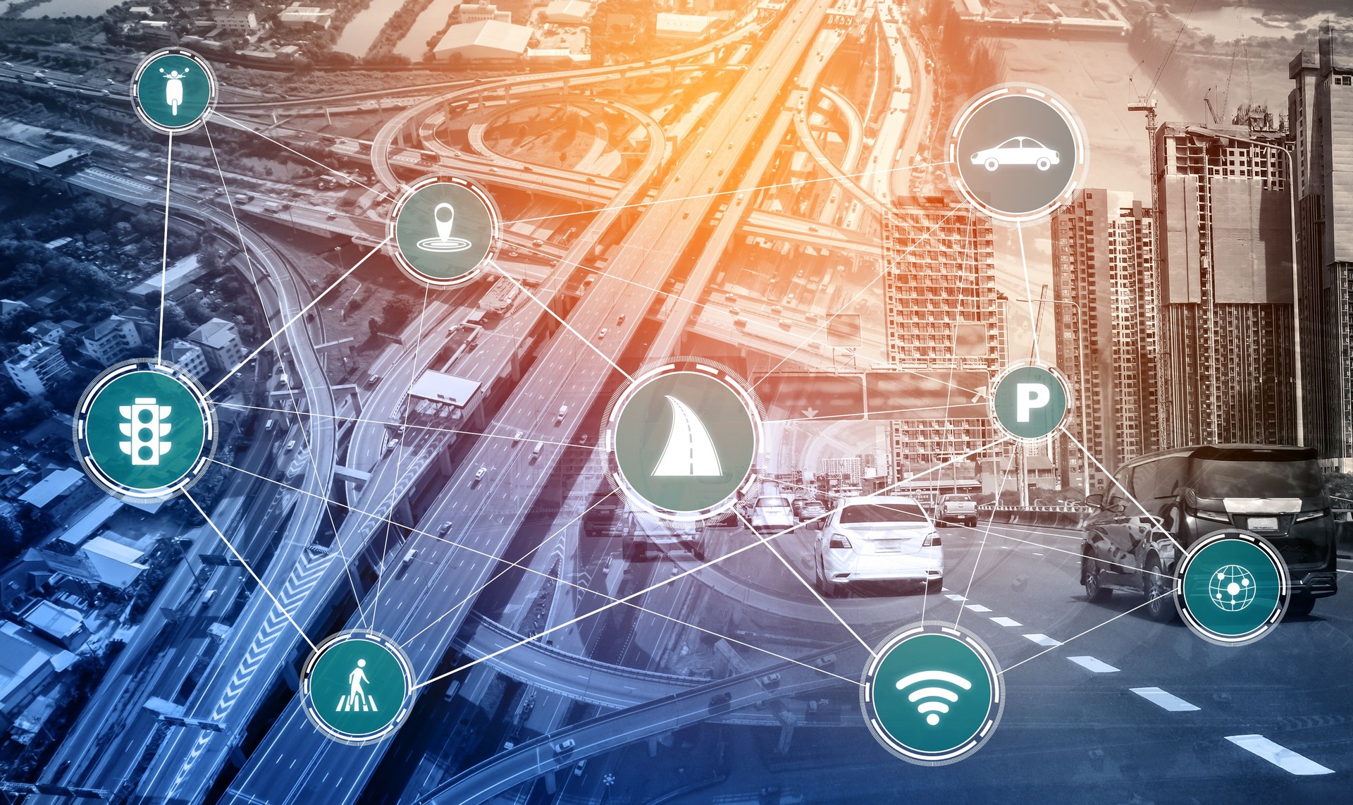 Concepto de tecnología de transporte inteligente para el futuro tráfico de automóviles en carretera